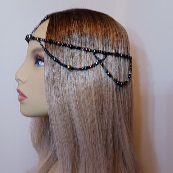 Beaded Headpiece Black glass beads, multi-colored coated glass beads. - Picture 4 of 6